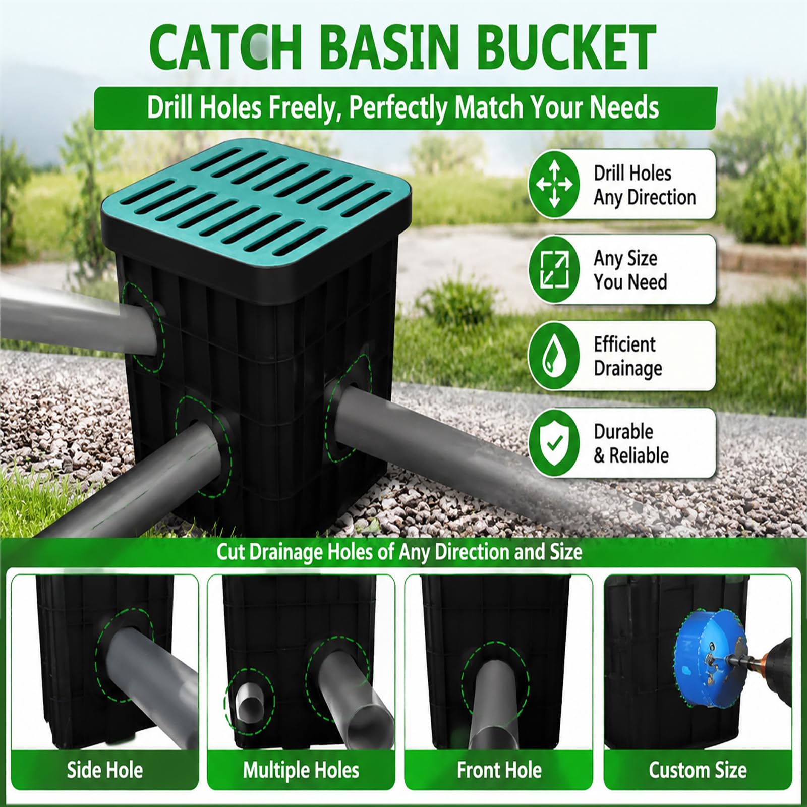 Lavabo grande para drenaje con rejilla de fibra de vidrio y cesta de escombros, lavabo cuadrado de captación de drenaje, sistema de drenaje de agua de lluvia de polietileno resistente para patio