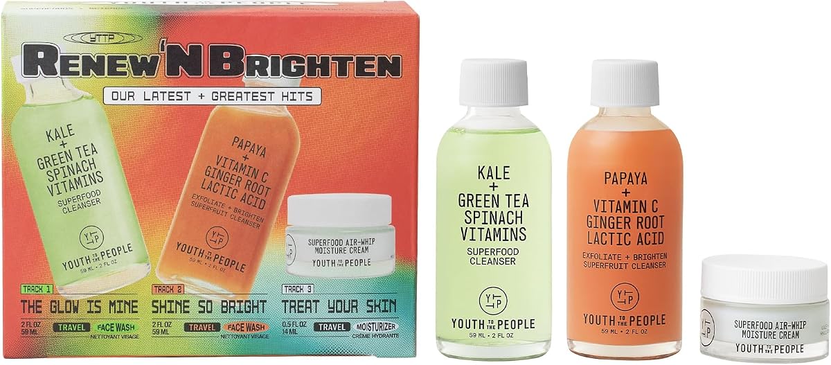 Set de regalo Renew N' Brighten - Mini limpiadores faciales + crema | Juego de rutina de cuidado de la piel para viajes de 3 piezas (valor de $51): limpiador facial superalimento, limpiador exfoliante superfrutal y humectante Air-Whip