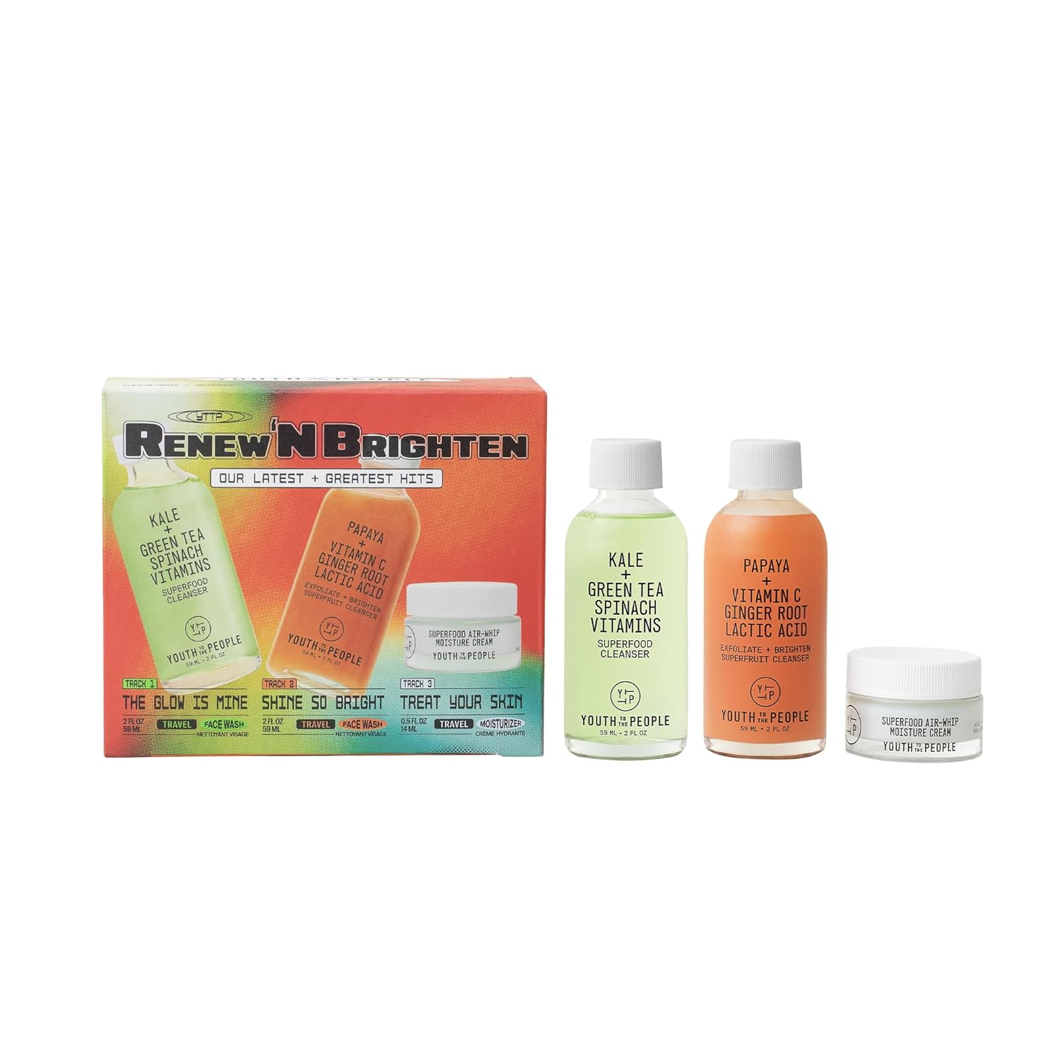 Youth To The People Renew N' Brighten Skincare Giftset - Travel Mini 3-Pc Set, Superfood Antioxidant Balancing Face Cleanser, Superfruit Gentle Exfoliating Facial Wash, Air Whip Hydrating Moisturizer