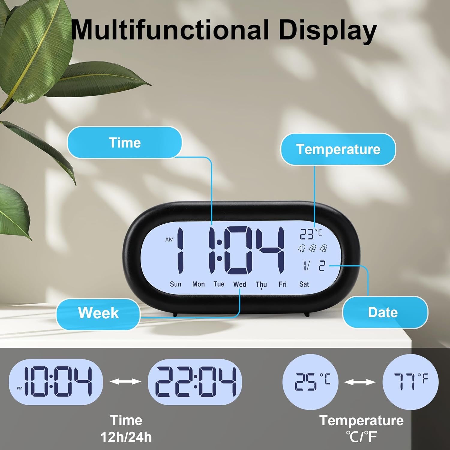 Close-up of the Lafocuse Digital Alarm Clock's multifunctional display, highlighting time, temperature, week, and date. Examples of 12-hour vs 24-hour time and Celsius vs Fahrenheit temperature are shown.