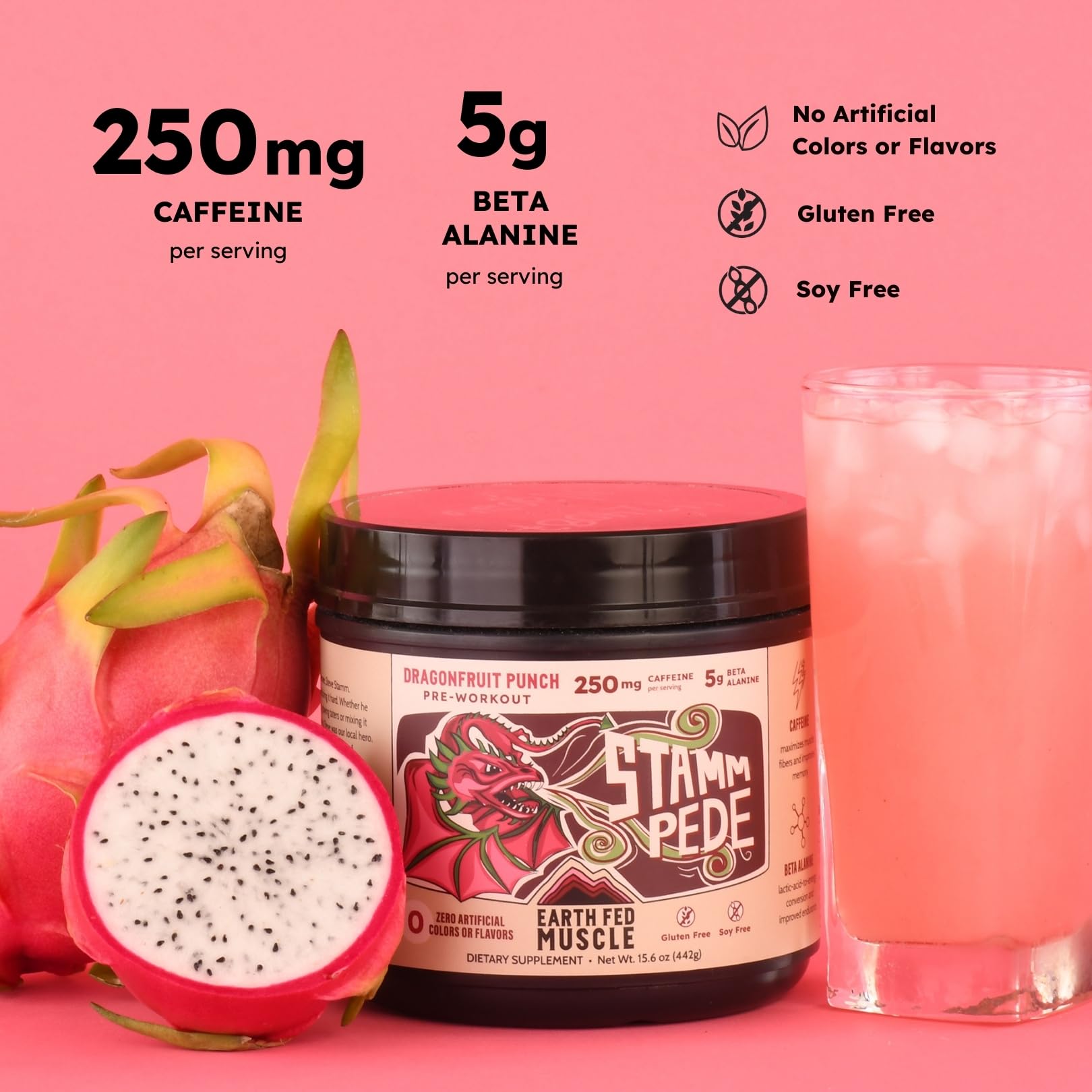 Earth Fed Muscle Stammpede Pre Workout – Dragon Fruit Punch, Clean Energy, Focus, Muscle Support, No Fillers or Artificial Flavors, 30 Servings