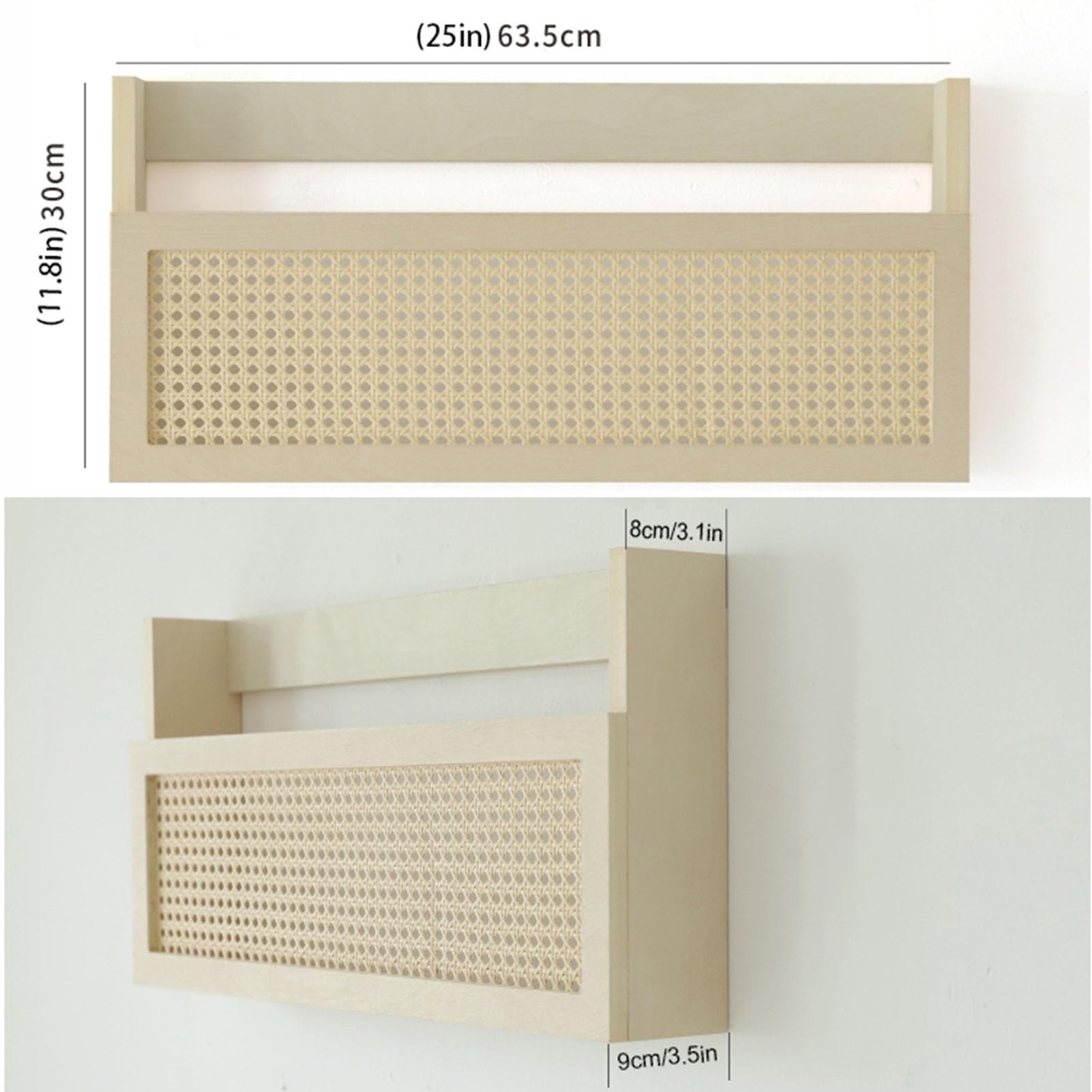 Wood Magazine Rack Size 25 x 3.5 x 11.8 in, Wall-Mounted Magazine Holder with Rattan Grid, Hanging Bookshelf File Organizer for Entryway,Living Room,Waiting Room,Kids’ Room,Office