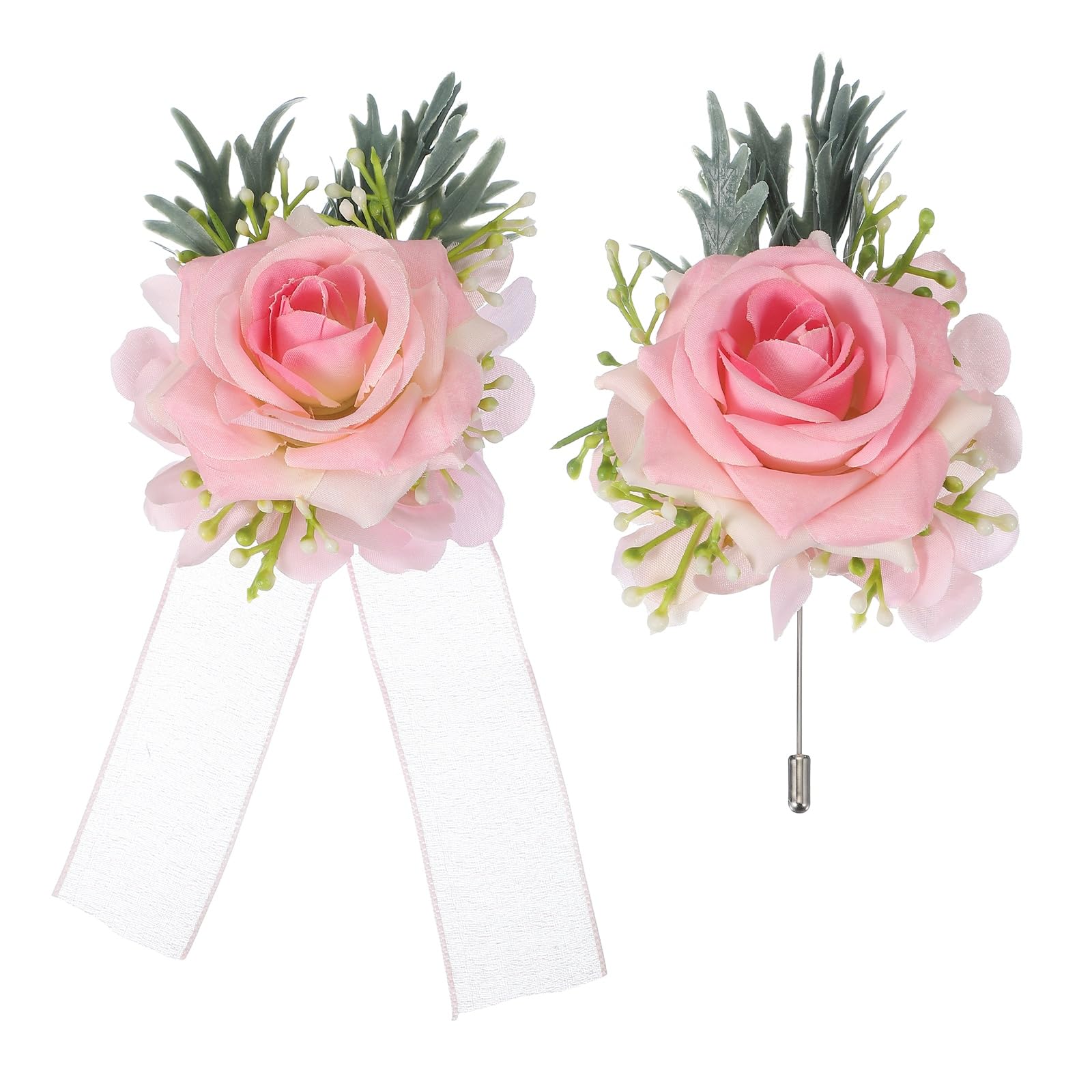 Boutonnière rose vif zéro flétrissement et corsage en tissu pour marié et mariée