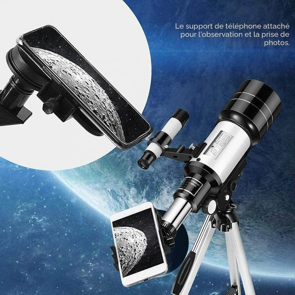 Télescope astronomique pour adultes et enfants débutants, télescope astronomique 150X, télescope 300 x 70 mm avec adaptateur trépied pour smartphone