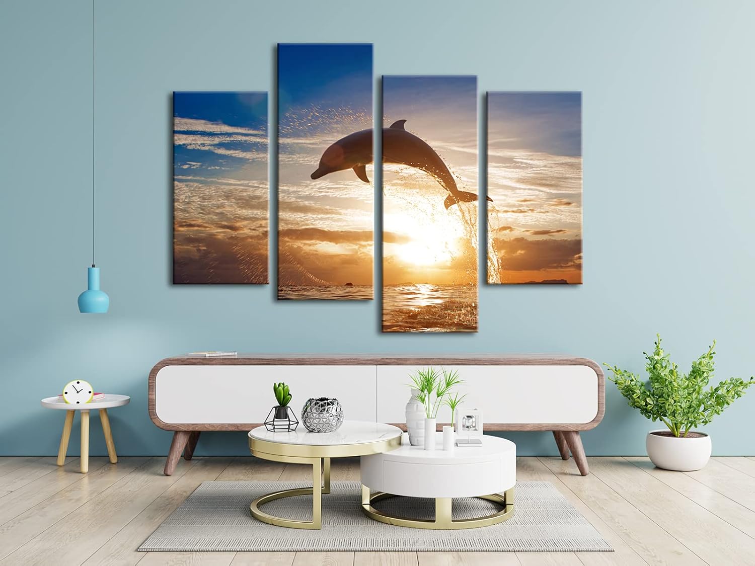 Wieco Art Happy Dolphin Giclee Canvas Prints Wall Art Ocean Animals Sea Beach Landscape Pictures Paintings for Living Room Bedroom Home Decorations Large 4 Piece Modern Grace Seascape Artwork L