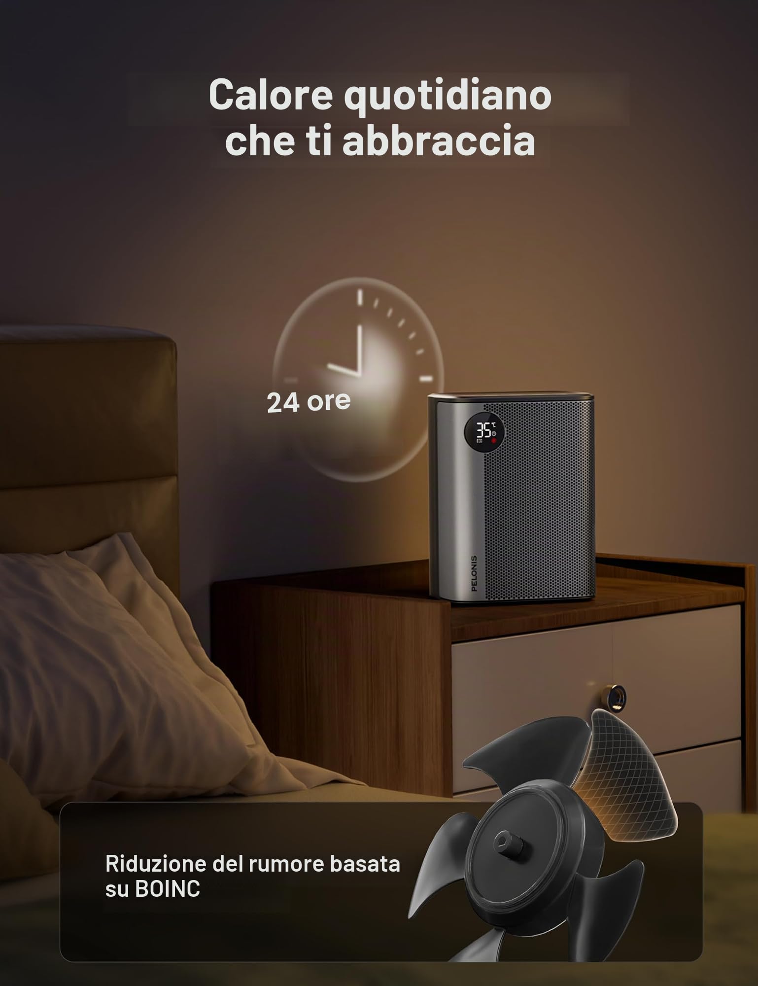 PELONIS Mini termoventilatore in ceramica, 2000 W con telecomando, riscaldamento rapido 2S, 5 livelli con modalità ECO, display LED, riscaldamento da tavolo ultra silenzioso per ufficio e casa