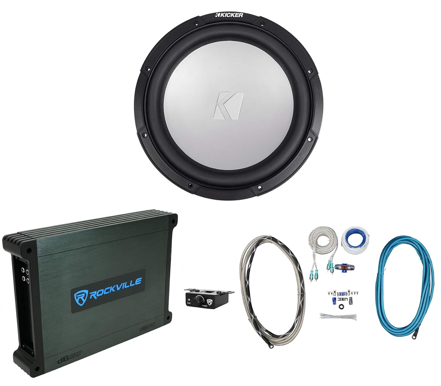 Kicker 45KM122 12" 350w Marine Boat Subwoofer Sub KM12 Bundle with Rockville DBM12 2000w Mono Amplifier w/Covers+Bass Remote & Rockville RMWK4 Amplifier Install Wire Kit (3 Items)