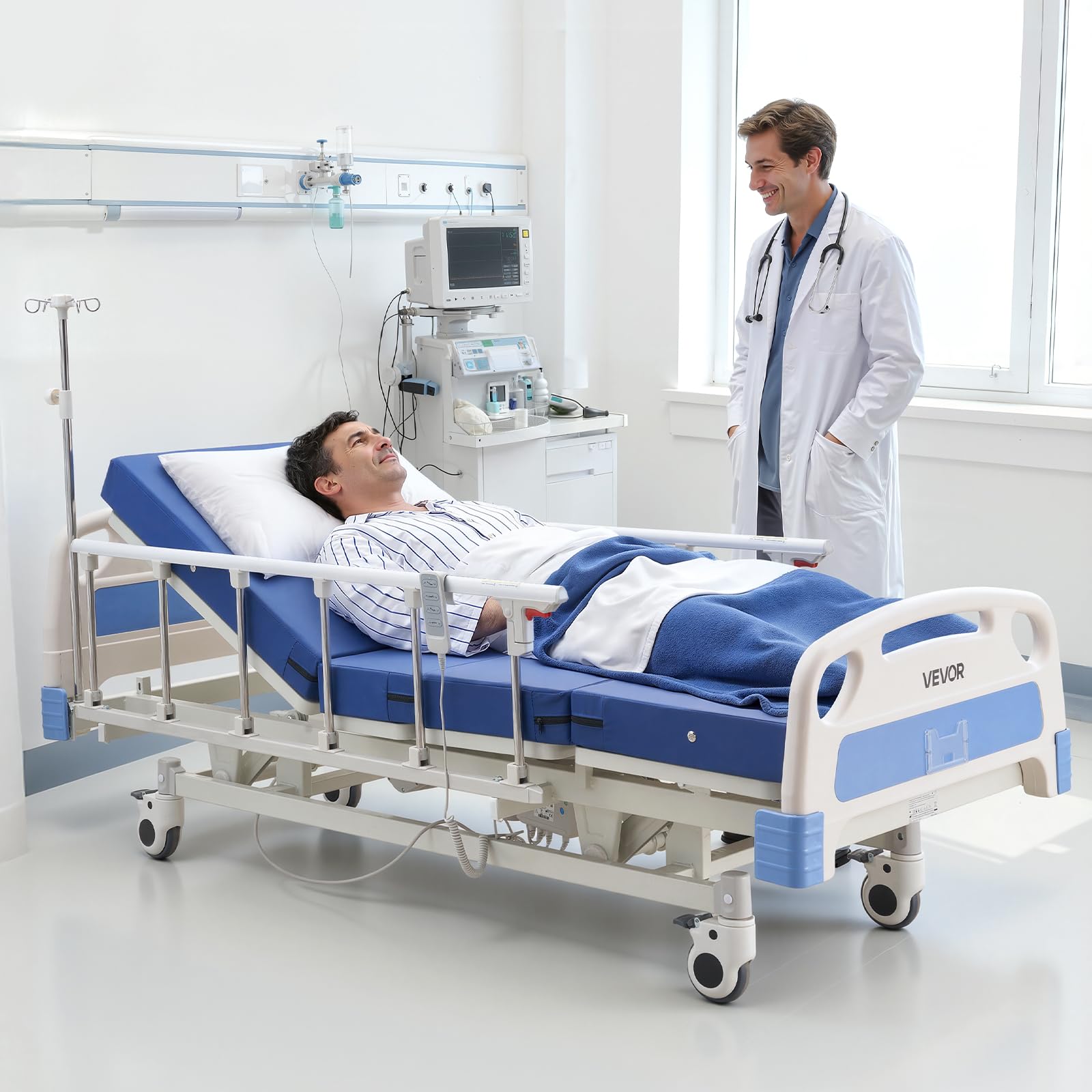 VEVOR Letto Ospedaliero Elettrico per Degenza Letto Ospedaliero Capacità di Carico 250 kg per l'Assistenza Domiciliare, Angolo Schienale Regolabile 0-75° Altezza Regolabile 475-750mm 3 Funzioni