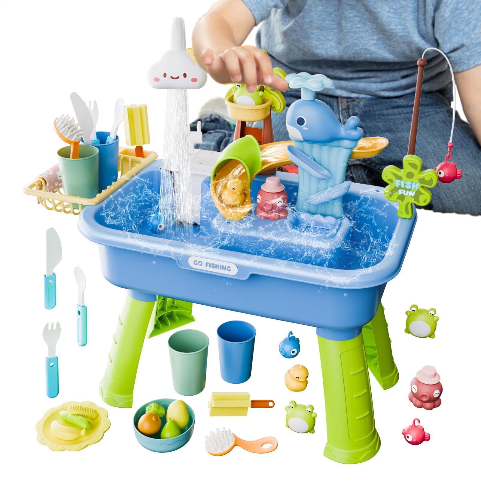 Water Play Table, 54x29x53cm Sand And Water Play Table, Waters Tables, PlayTables With Fishing Pond Game & CirculatingWater, Outdoor Garden Toy For Boys Girls 3 4 5 6 Years Old