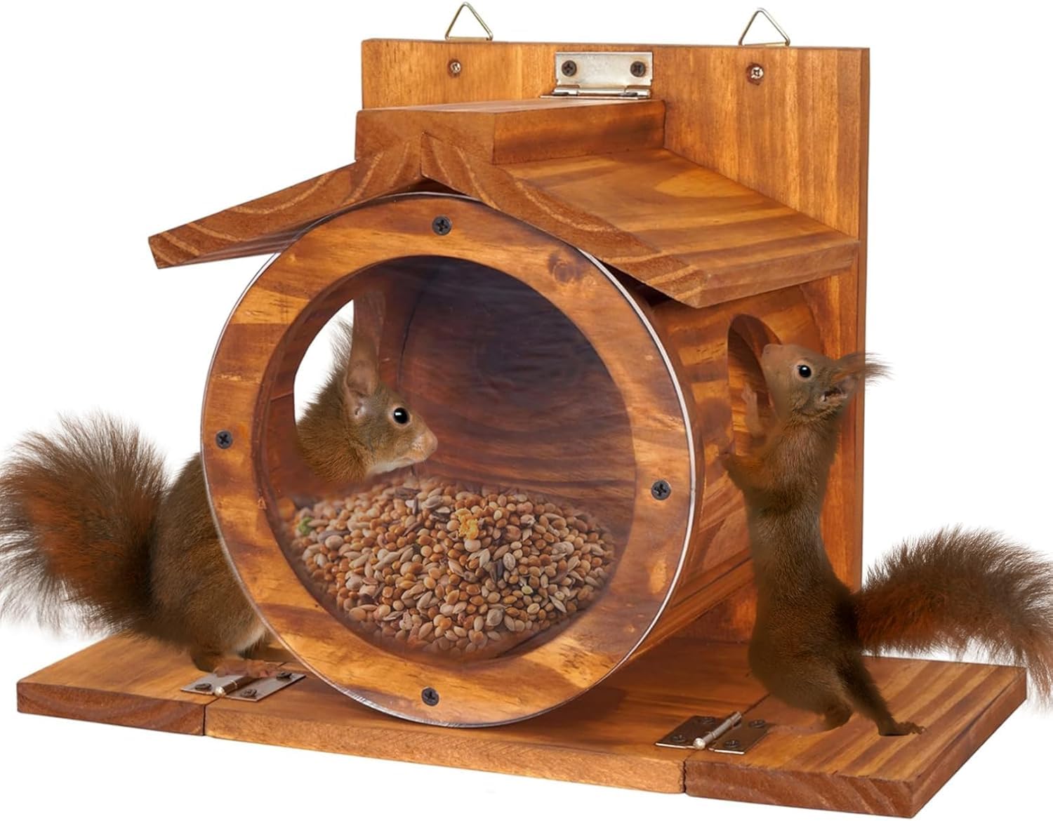 Mangiatoia per scoiattoli per esterni, mangiatoia per scoiattoli in legno a parete con frontale visibile, facile da riempire, stazione di alimentazione per recinzioni per alberi, mangiatoie per