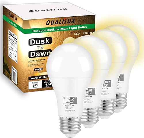 Qualilux Bombillas para exteriores del atardecer al amanecer, 850 lúmenes, equivalente a 60 W, blanco cálido 3000 K, LED 9.5 W, A19, base E26,
