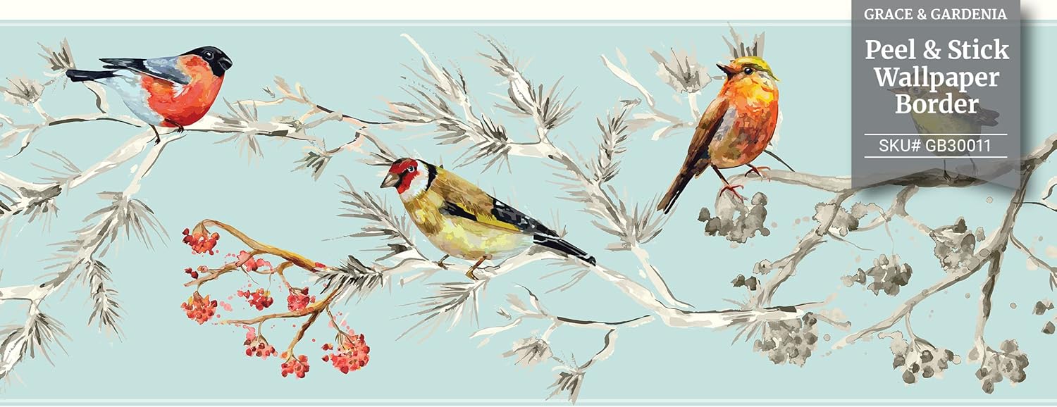 GB30011g8 Birds in Pines Peel and Stick Wallpaper Border with Foresty and Nature Interior Styles 8 in Height x 15ft Long, Blue White Pink Yellow Made in USA by Grace and Gardenia Designs