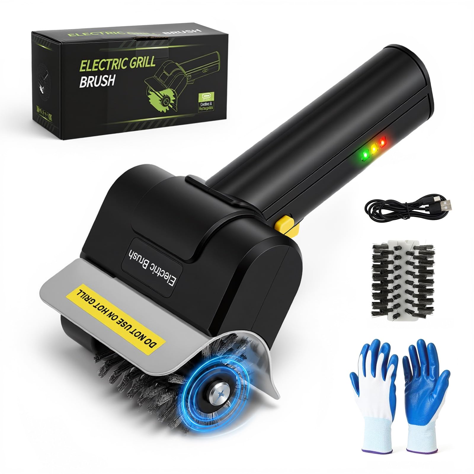 Cepillo eléctrico para barbacoa exterior, cepillo eléctrico inalámbrico, 1100 rpm, incluye cepillo de repuesto, limpiador USB recargable para todas las barbacoas, color negro
