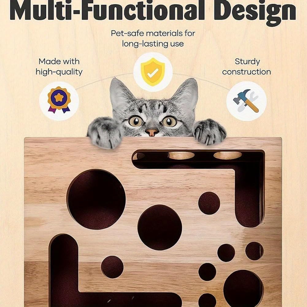 Cat Scratch Puzzle Enrichment Box with Nail File - Interactive Toy for Indoor Cats, Stress-Free Claw Care Alternative, Durable Wooden Scratcher Box with Bell Ball