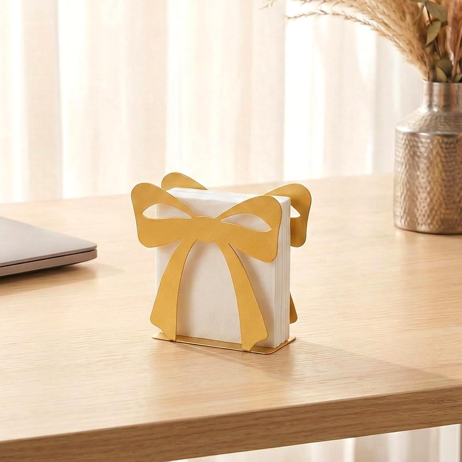 2PCS Gold Bow Standing Napkin Holder for Table, 4.97x5.3inch Bow Napkin Dispenser Reversible Metal Cocktail Napkins Dispenser Vintage Kitchen Decor Tissue for Kitchen, Dining, Party