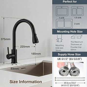 Rewing Kitchen Tap, Kitchen Mixer Taps with Pull Out Sprayer, Kitchen Sink Taps High Arc Swivel 360 with 2 Spray Mode Cold and hot Fittings (Matte Black)