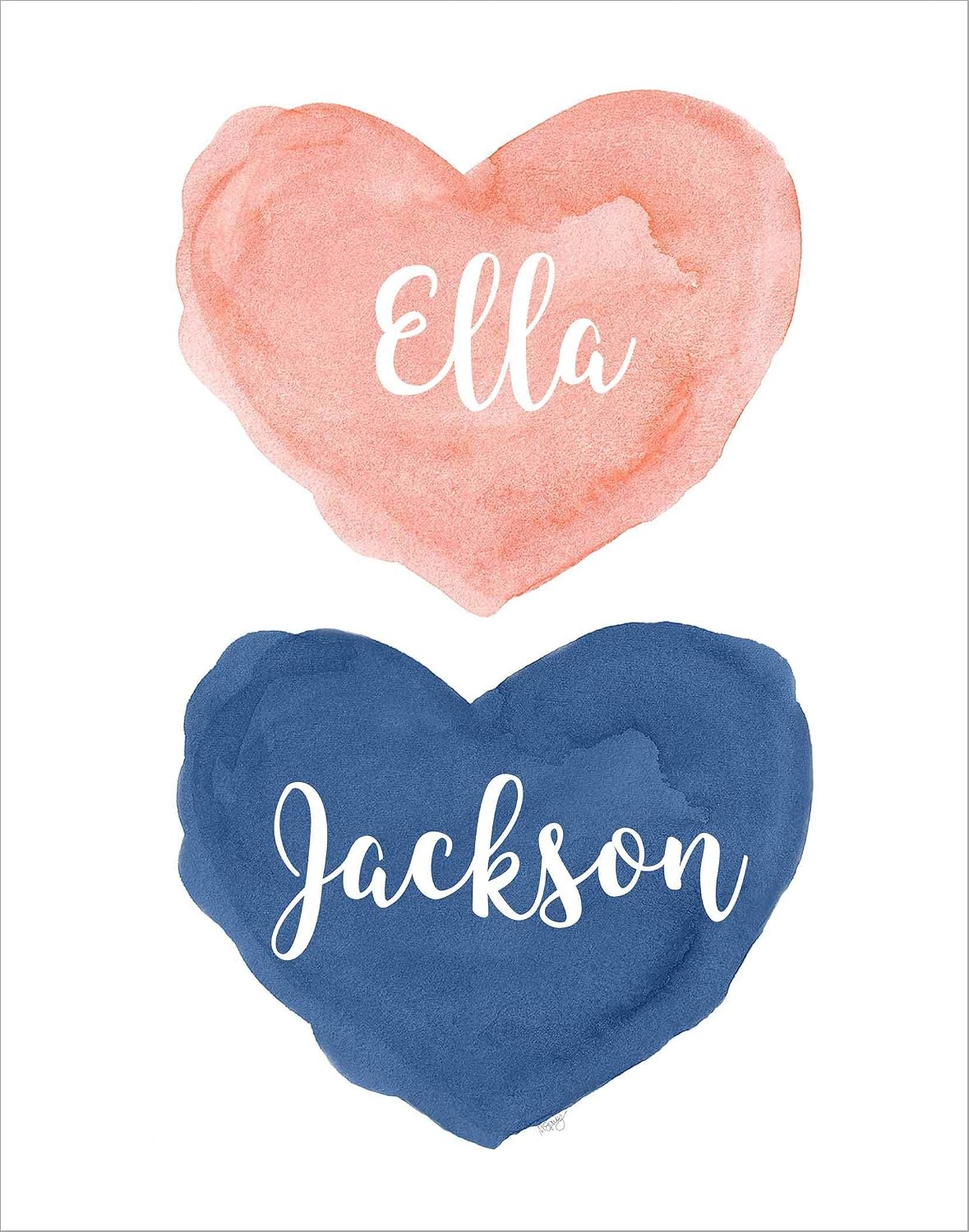 Boy Girl Nursery Artwork, Coral and Navy Children's Art Print, Custom Gift for Brother Sister, Unframed, 4 Colors