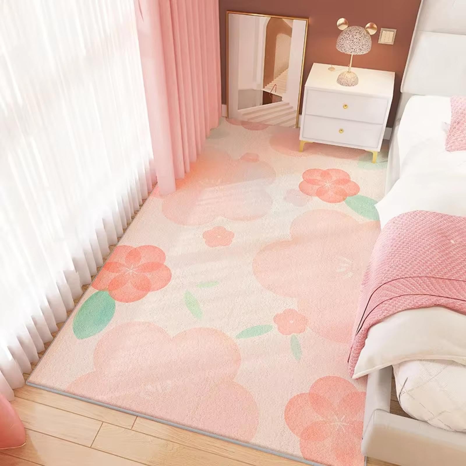 Tapis de chevet scandinave rose pour créer un coin lecture cosy dans la chambre