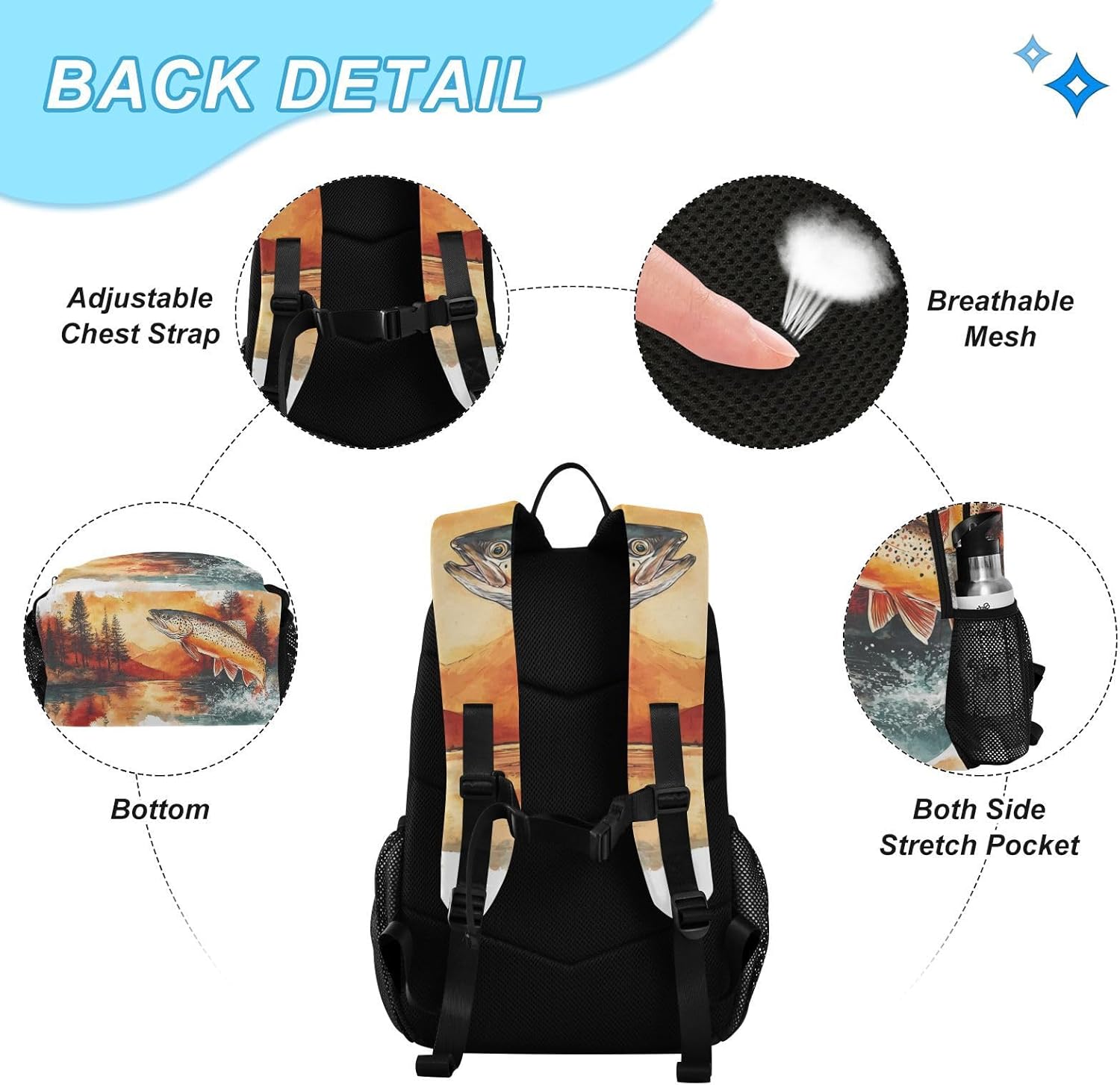 Trout Landscape Forest Backpack for School Boys Girls and Teens, Backpack for Men and Women, Lightweight Bookbag with Lunch Boxes Travel Laptop Daypack 18.5 x 11.8 In