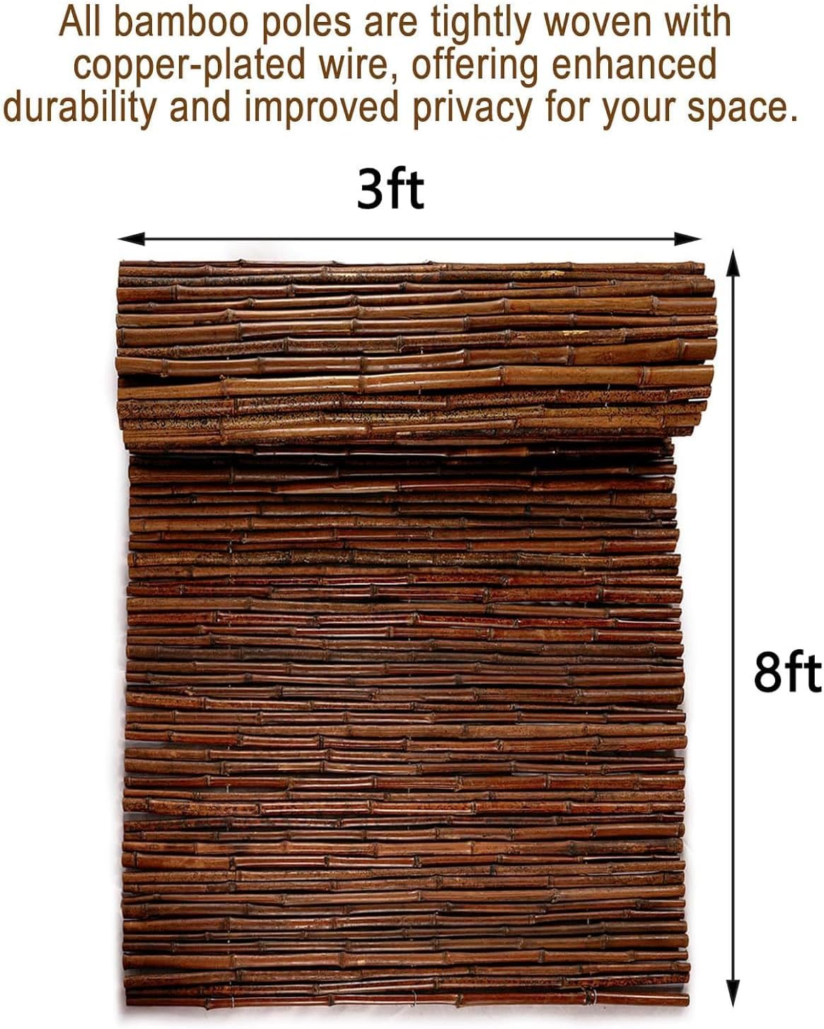 Carbonized Bamboo Fence 3ft x 8ft, Natural Outdoor Privacy Screen, Eco-Friendly Garden Fence Roll for Patio, Backyard, Balcony, and Landscape Decoration, Durable Weather-Resistant Bamboo Fencing Roll