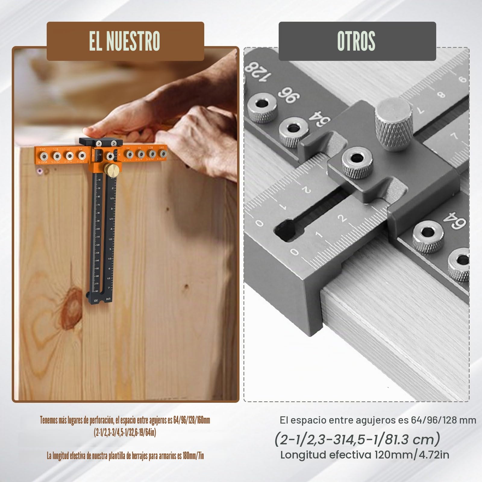 Plantilla de herrajes para gabinete, plantilla de manija de gabinete de aleación de aluminio ajustable, plantilla de taladro guía de herramienta con distancia de agujero de 64/96/128/160mm para