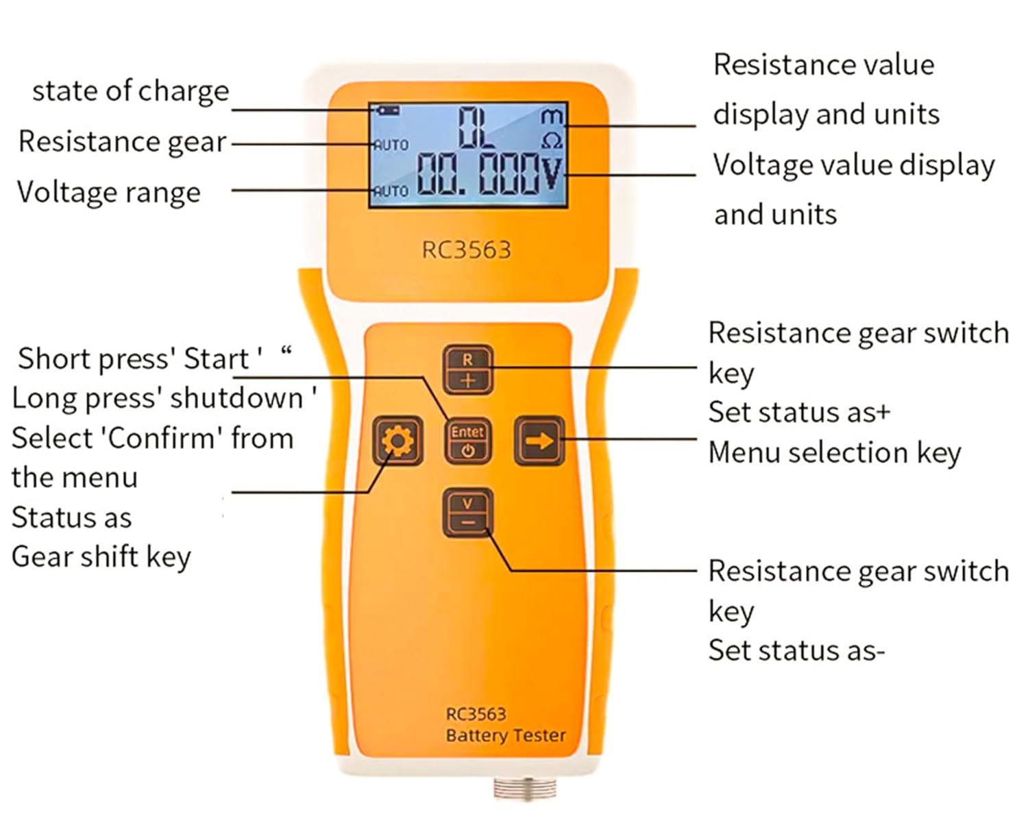Battery Tester, Battery Internal Resistance Voltage Tester, 200Ω 100V Portable Car Battery Tester for High Accuracy True 4-Wire AC Sine Lithium Lead-Acid Battery Voltage Detector (RC3563)