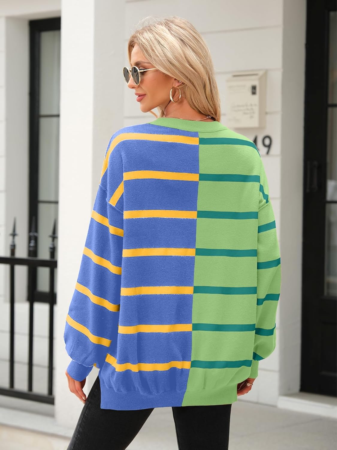 Fisoew Womens Striped Pullover Sweater Crew Neck Long Sleeve Knitted Color Block Casual Loose Lightweight Sweaters for Women - Image 4