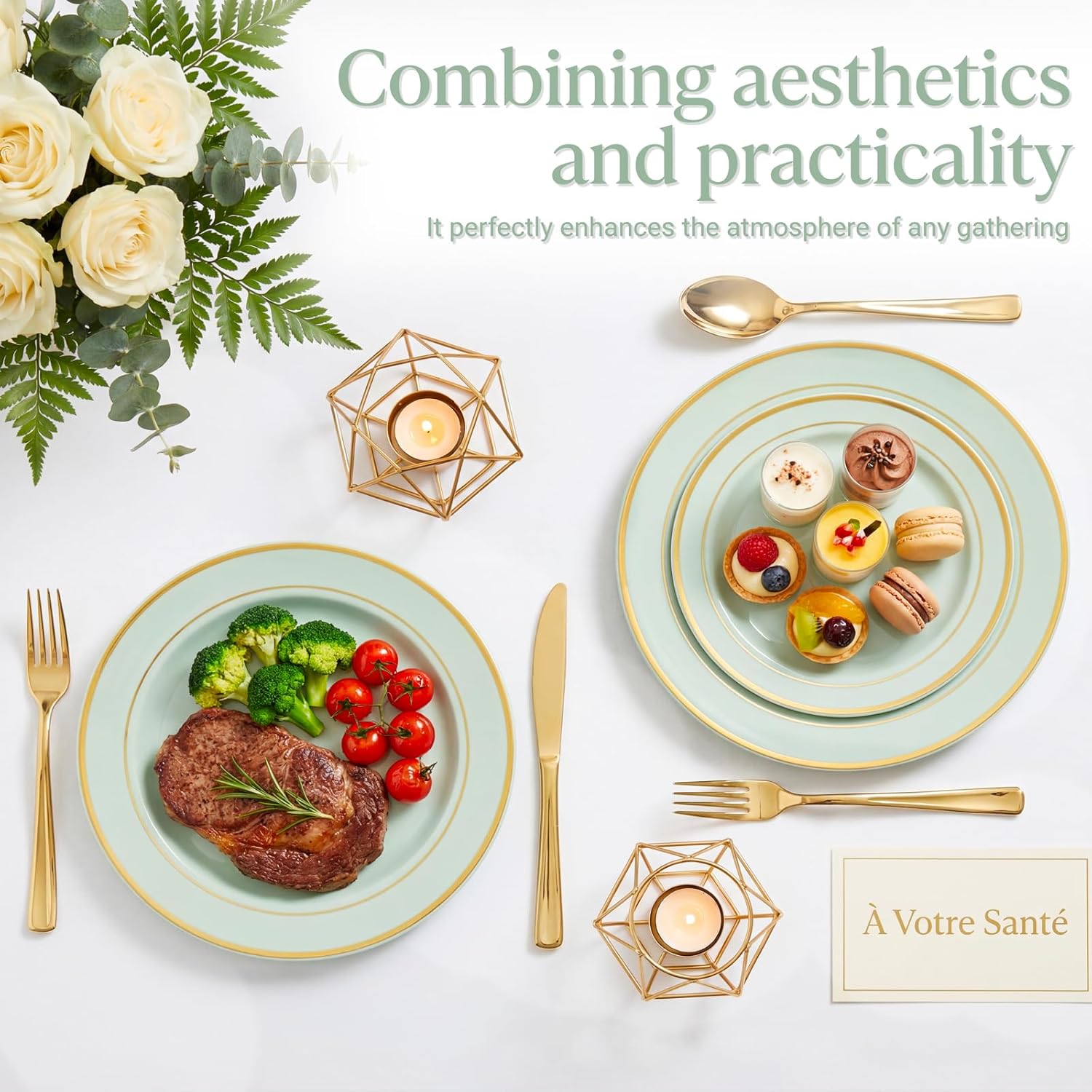 NOCCUR 200PCS Sage Green Plastic Plates for 100 Guests - Include 100PCS 10" Dinner/ 100PCS 7" Dessert Plastic Plates Heavy Duty - Ideal for Wedding&Party