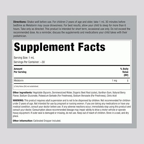 Miniatura 2 de Piping Rock Melatonina líquida para niños, 1 onza líquida, 1 mg, paquete de 3 botellas, gotas con sabor a bayas, suplemento sin OMG, sin gluten