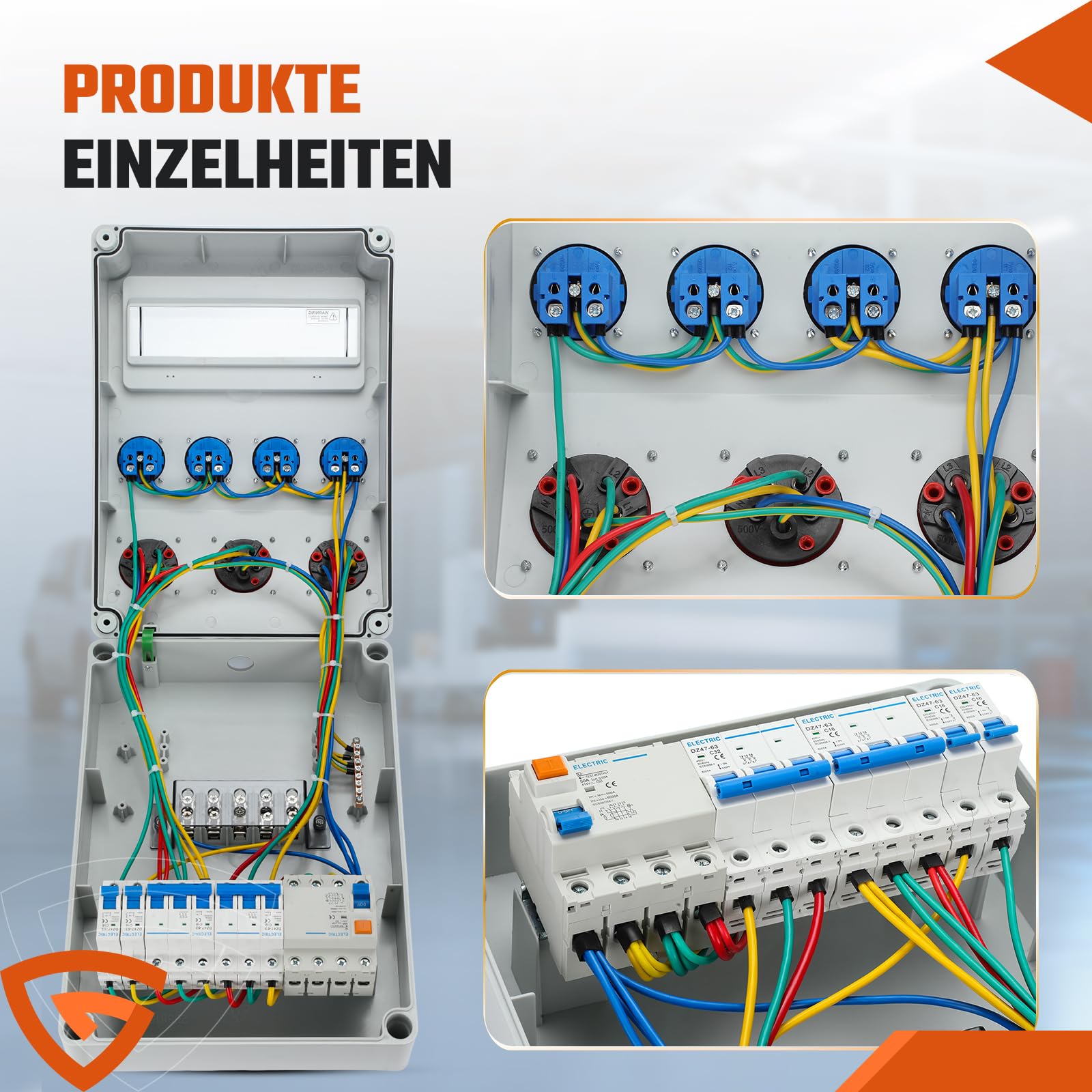 Baustromverteiler 4x230V 2x16A 1x32A mit FI Schalter LS Schalter 400V CEE, 5 polig Wandverteiler mit 4 Schutzkontaktsteckdosen für Innen Außenbereich auf Baustellen IP44