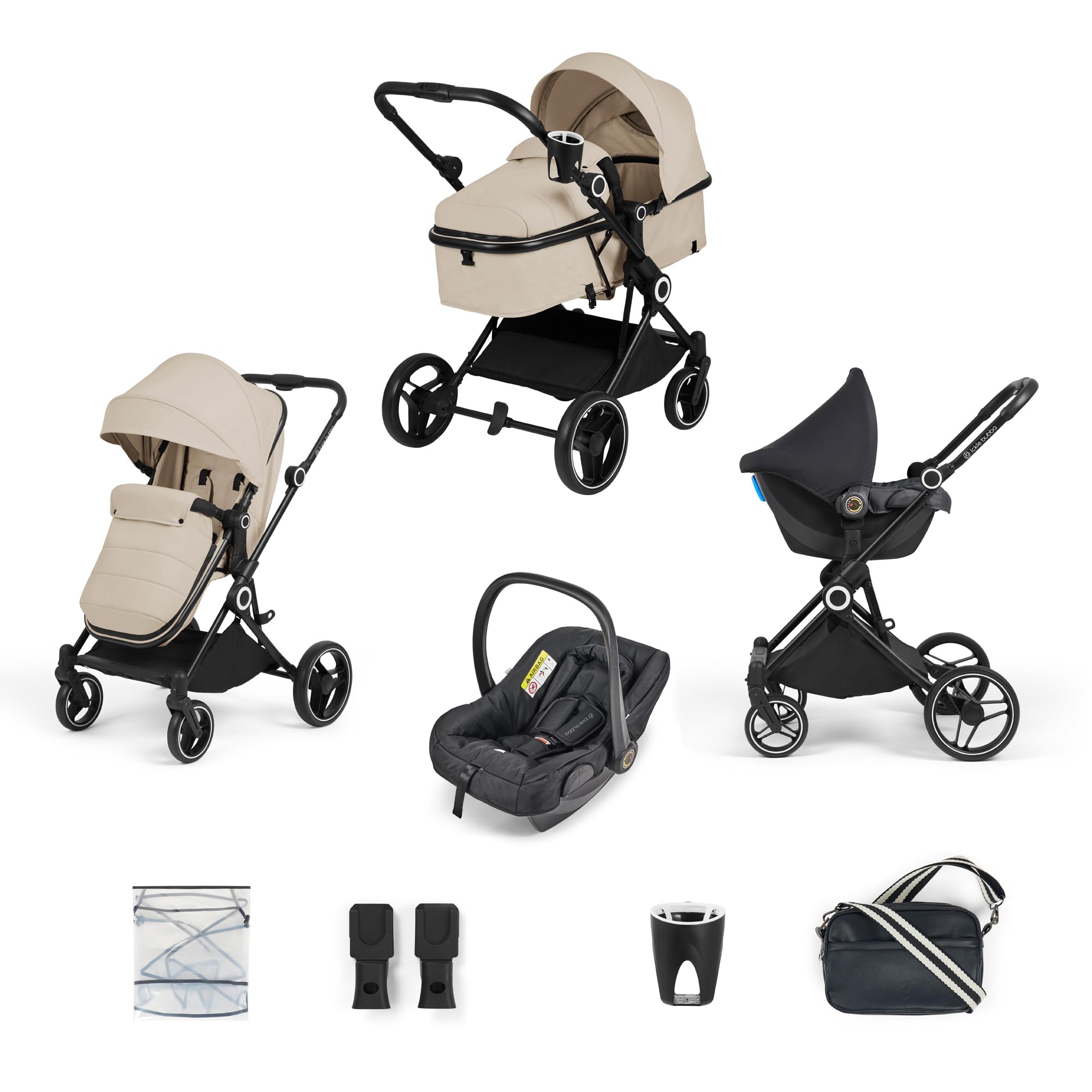 Ickle BubbaAtom 8 Piece Travel System with Astral Car Seat – Lightweight Compact Pram from Birth to 22kg, Convertible Lie-Flat Seat, Includes Changing Bag, Rain Cover & Cup Holder (Stone)