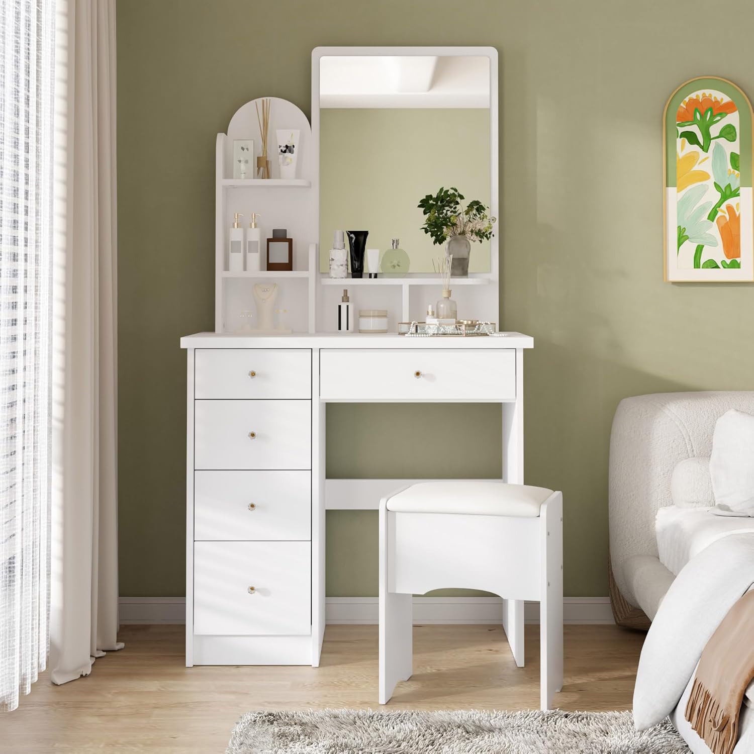 Make up Vanity Desk with Sliding Mirror,Vanity Set with Chair,Storage Drawers,Shelves & Cushion Stool,Makeup Dressing Table with Large Mirror for Bedroom, White