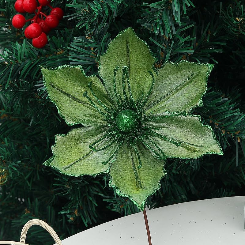 10 Pack Christmas Magnolia Flowers Glitter Christmas Artificial Magnolia Flowers with Stems Artificial Poinsettia Flowers Christmas Tree Floral Ornaments for Xmas Tree Party Home Decorations (Green)
