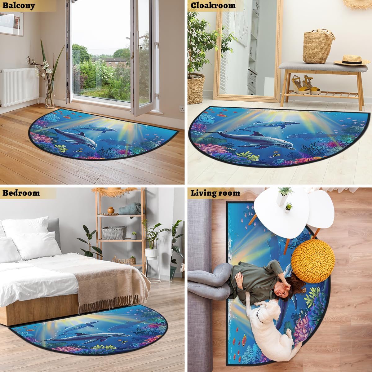 Mexpekil Paillasson sous-marin en demi-lune pour intérieur et extérieur - Tapis de sol antidérapant lavable - Demi cercle - Attrape la saleté - 100 x 160 cm