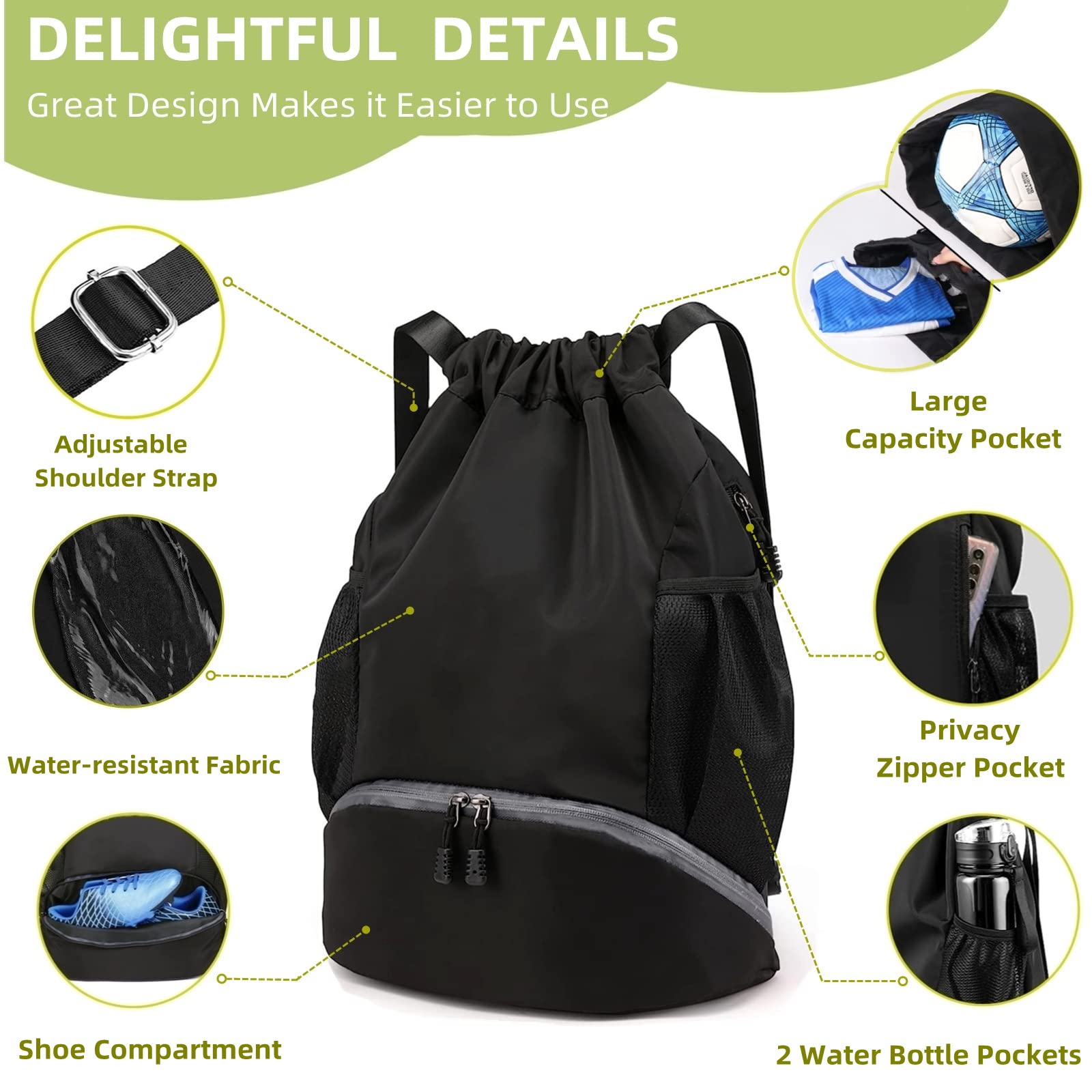 Soccer Bags, Waterproof Drawstring Gym Backpack for Baskestball Rugby Volleyball Yoga, Large Capacity Sports Bag