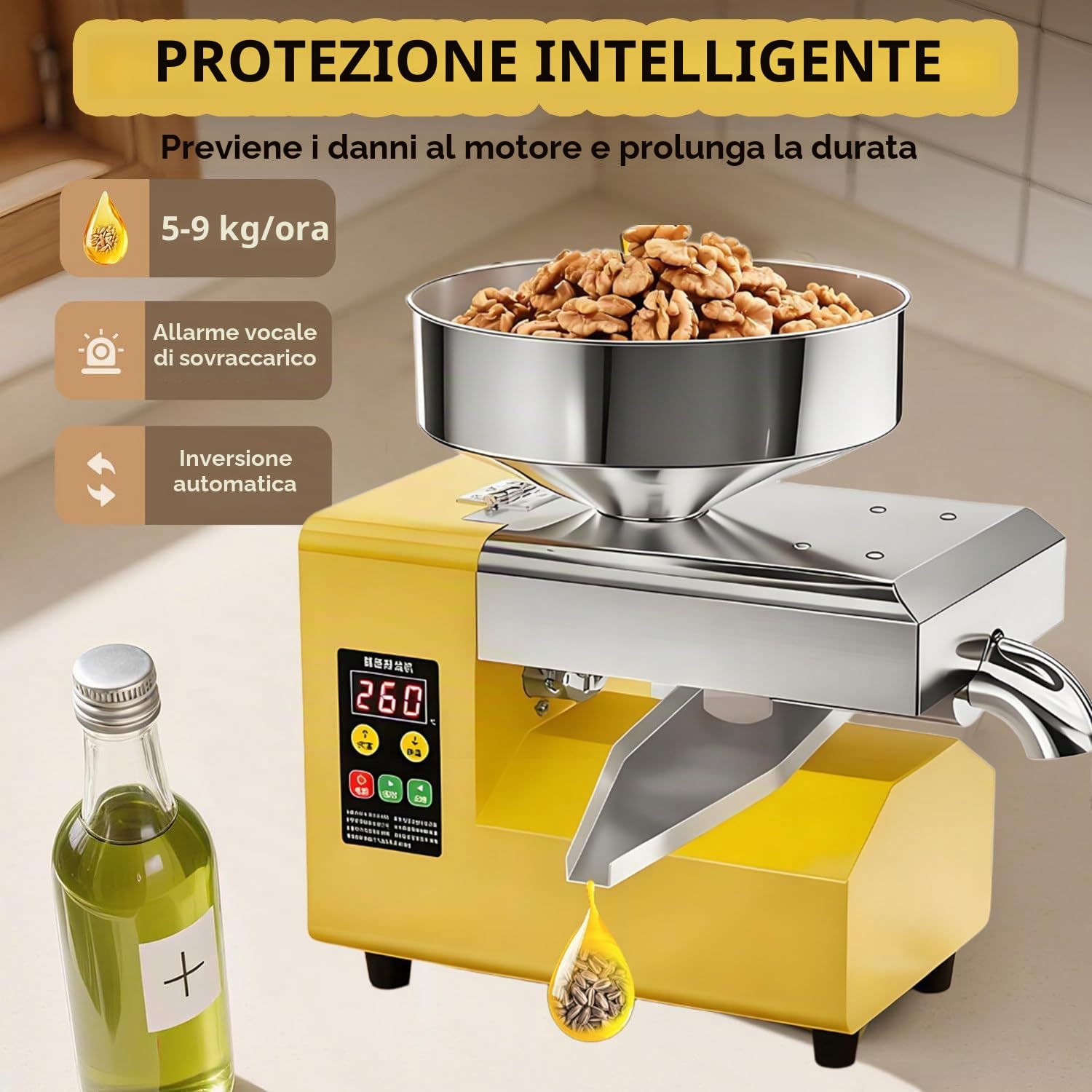 Pressa per Olio Automatica 1500W | Spremi Olive a Freddo e a Caldo 200N·M | Macchina per Olio Automatica in Acciaio Inox, 5–9kg/h, per Casa e Uso Professionale
