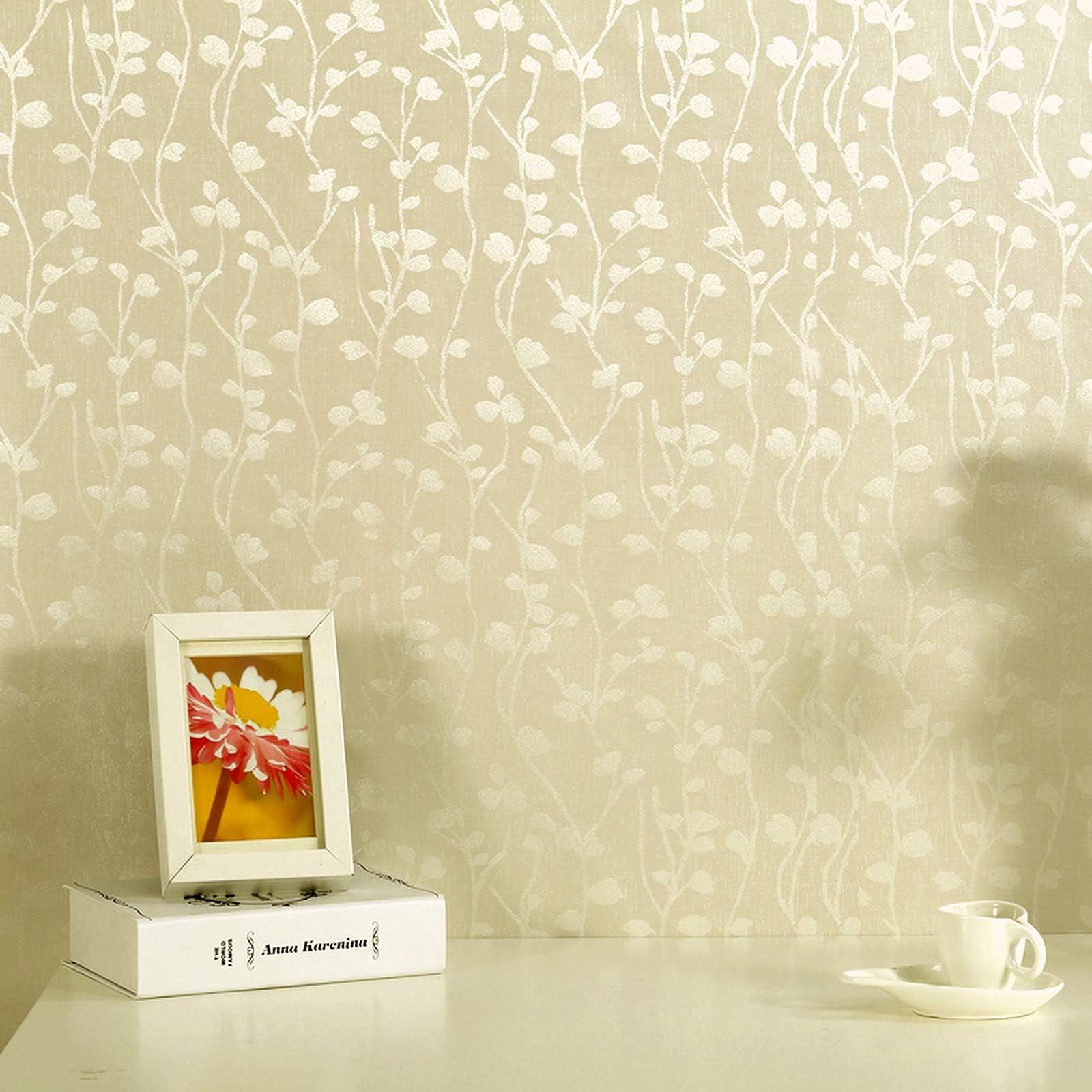 wolpin Wall Stickers Butterfly Leaves Wallpaper (45 x 300 CM, Beige) | Textured Self Adhesive PVC Decal for Hall Room Living Room Bedroom | DIY Peel and Stick Home Interior Decoration Roll