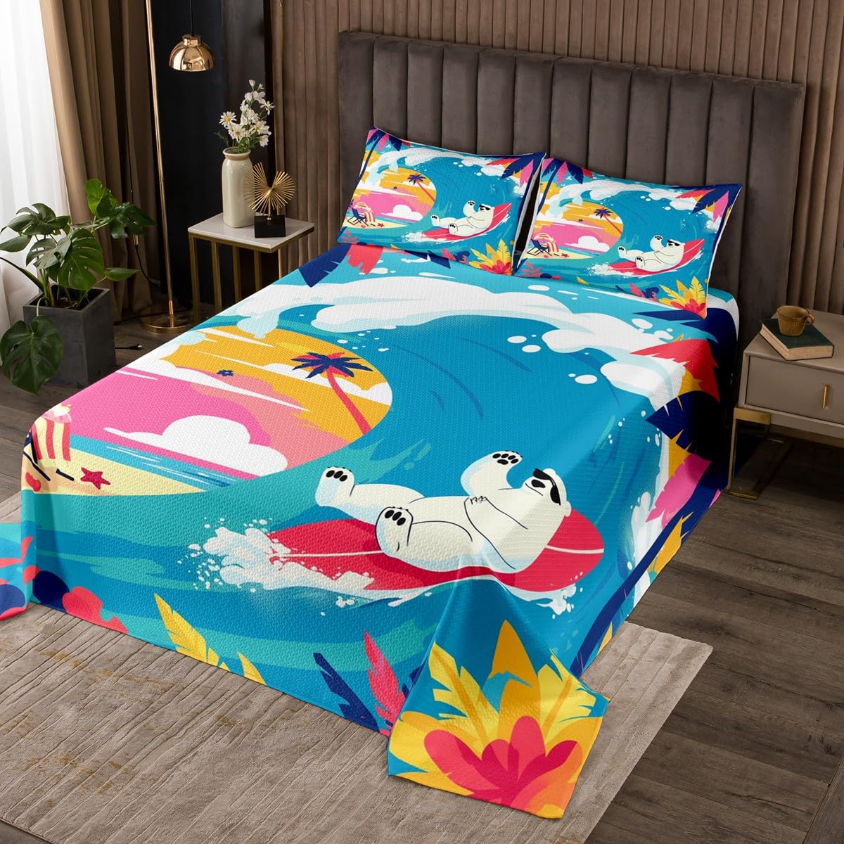 Castle Fairy Surfing Polar Bear Bedspread King Size Hawaiian Summer Beach Coverlet Set Kids Bedroom Present Summer Vacation Decor Bedding Set Palm Trees Silhouette Bedding with 2 Pillowcases