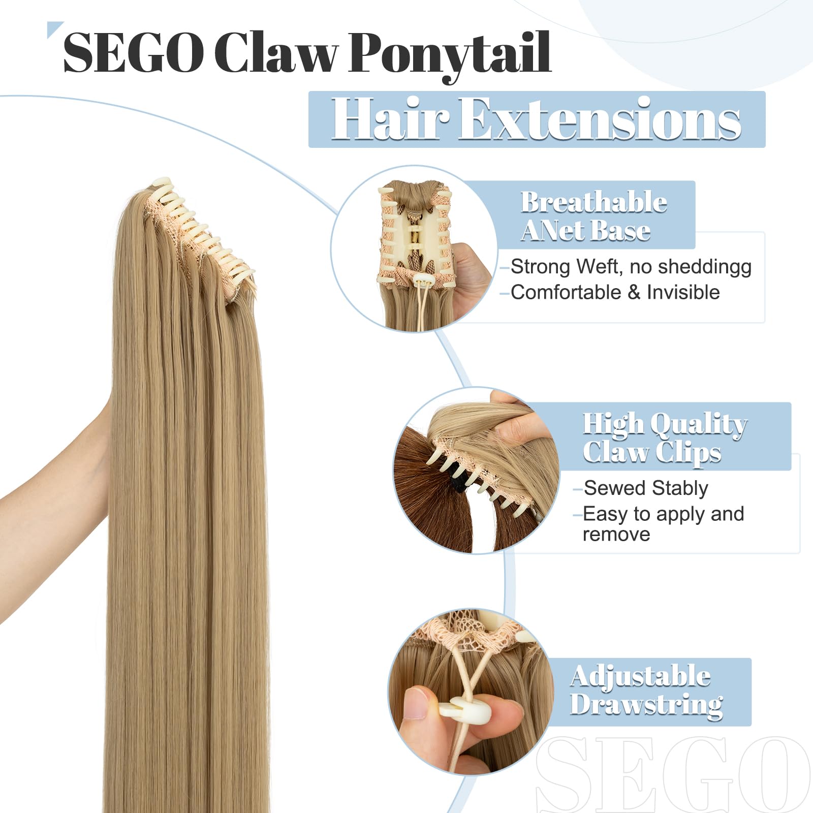 SEGO Claw On Ponytail Extension 26 Inch Long Straight Synthetic Hairpiece Clip In Pony tail, Ash Blonde - Image 2
