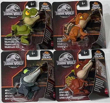 Jurassic World 2022 Snap Squad Attitudes Set of 4 Figures Tyrannosaurus Rex, Spinosaurus, Mosasaurus, Stegosaurus from GXW58-956C Release