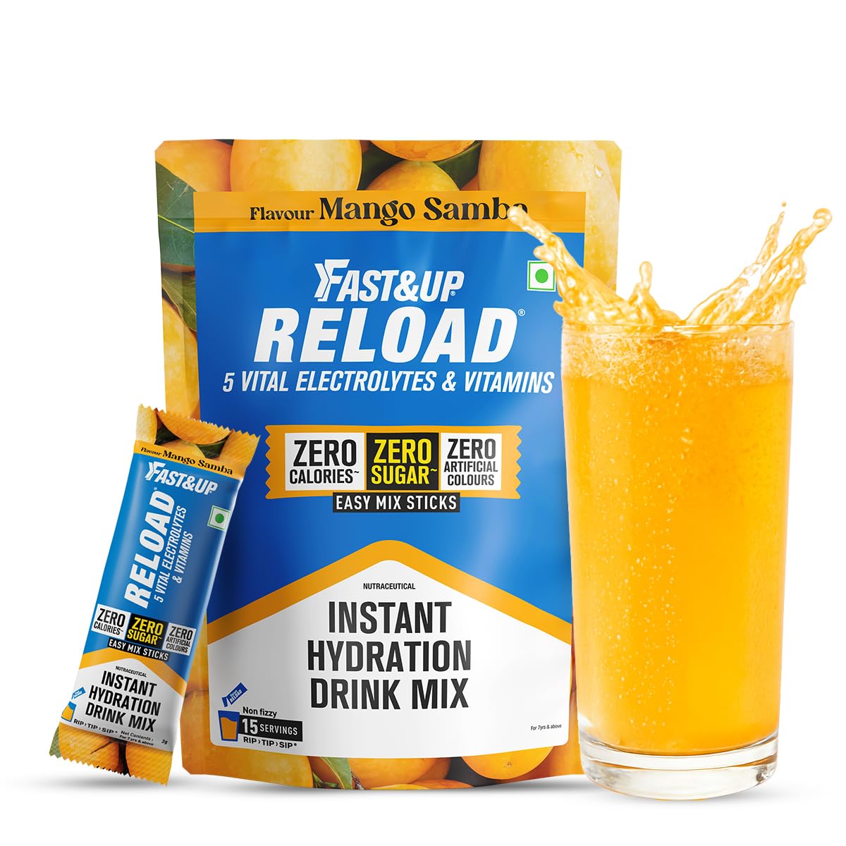 Fast&Up Reload Zero Sugar Instant Hydration Mix - Mango Samba| Electrolyte Powder | Pack of 15 | Travel Friendly