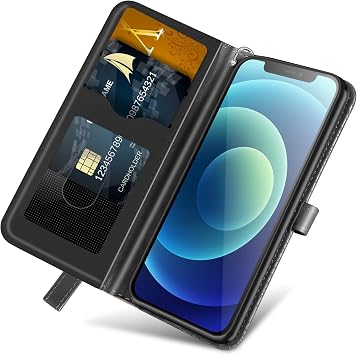 iPhone 12 Mini 財布型ケース カードホルダー/スロット付き PUレザーフリップフォリオシェル マグネット開閉 リストストラップ キックスタンド 耐衝撃カバー iPhone 12 Mini 5G 5.4インチ対応 ブラック