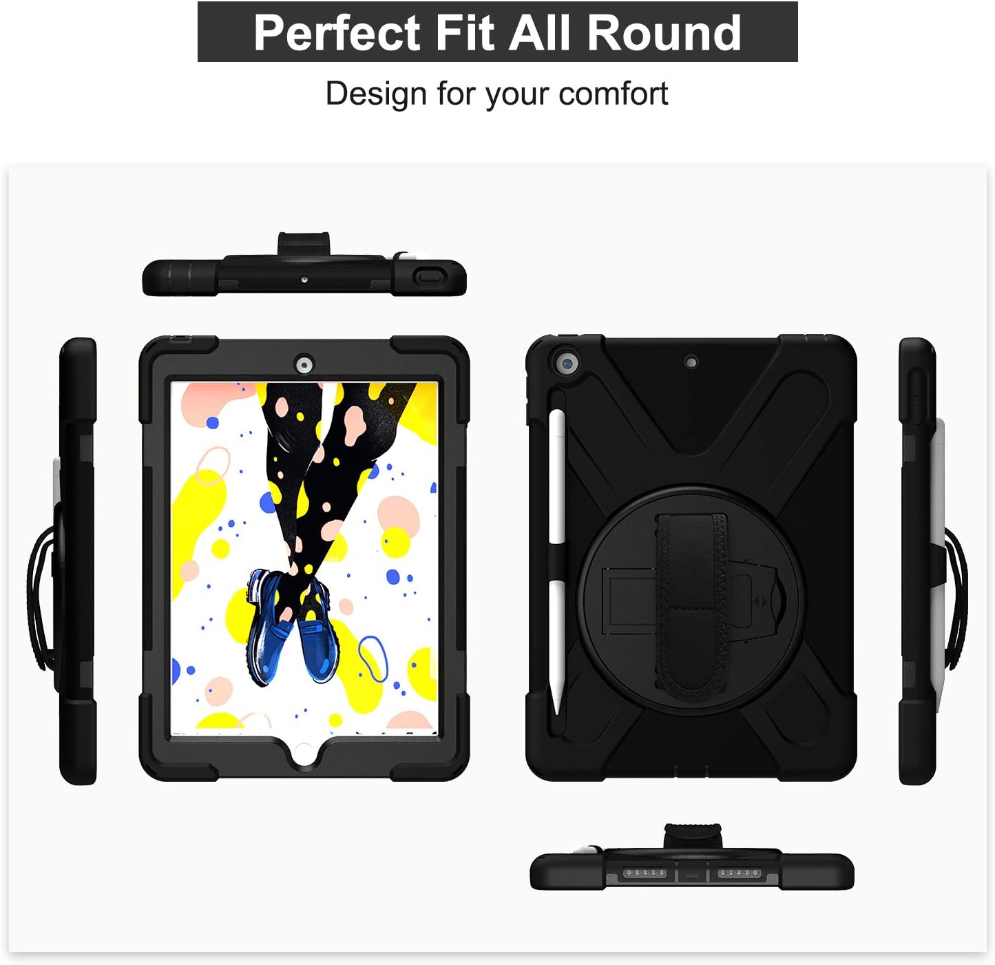 Azzsy iPad 8th/7th Generation Case,iPad 10.2 2020/2019 Case,[360 Degree Swivel Stand/Hand Strap] Slim Heavy Duty Shockproof Rugged Protective Case for iPad 10.2 inch 2020/2019,Black