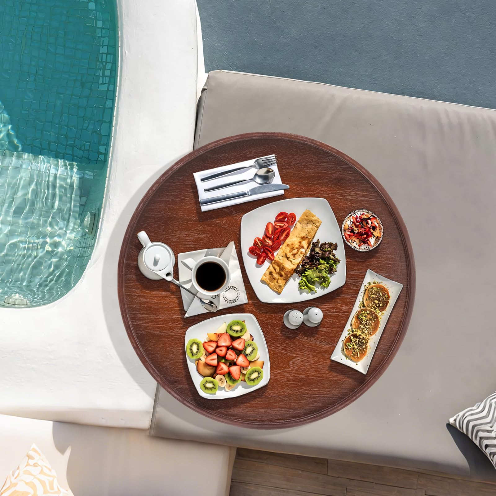Extra großes, rundes Serviertablett aus Massivholz, klassischer Tee-/Couchtisch, dekoratives Ottoman-Tablett, Serviertablett für Frühstück im Bett, Snacks, Lebensmittel, Küche, Party, Bar, erhöhter