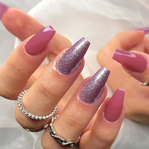 Miniatura 3 de Xcrear - Juego de uñas postizas a presión color rosa ciruela con purpurina, uñas postizas medianas y falsas, uñas artificiales para los dedos de los