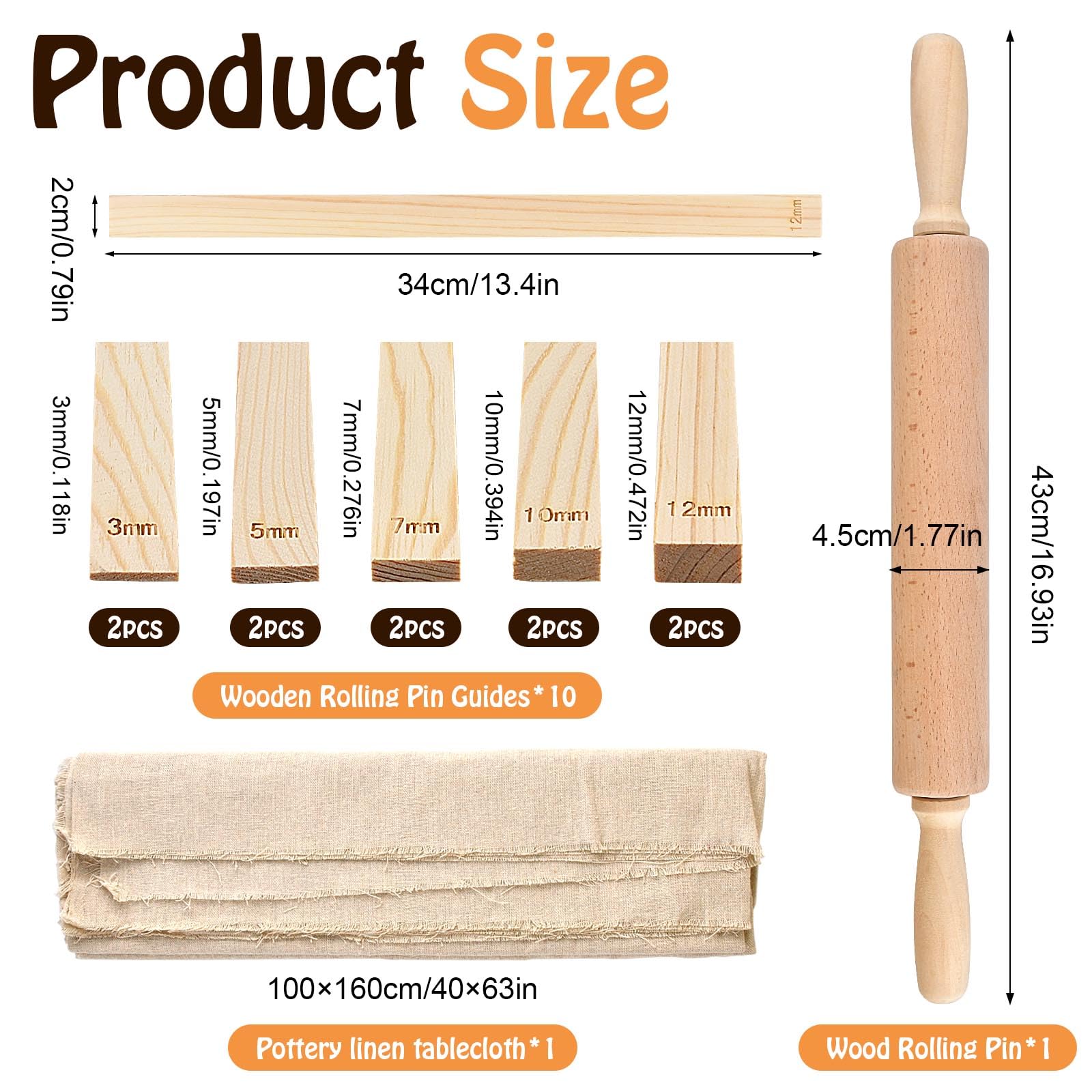Lot de 20 outils de poterie comprenant 1 rouleau à pâtisserie en bois, 1 nappe portable en lin, 10 guides de 5 tailles pour l'enseignement, 8 outils de sculpture d'argile pour la fabrication