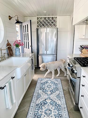 Miniatura 5 de Moynesa Alfombra de pasillo lavable ultrafina  2 x 6 pulgadas, color azul, alfombra lavable para cocina, baño, alfombra de pasillo con estampado