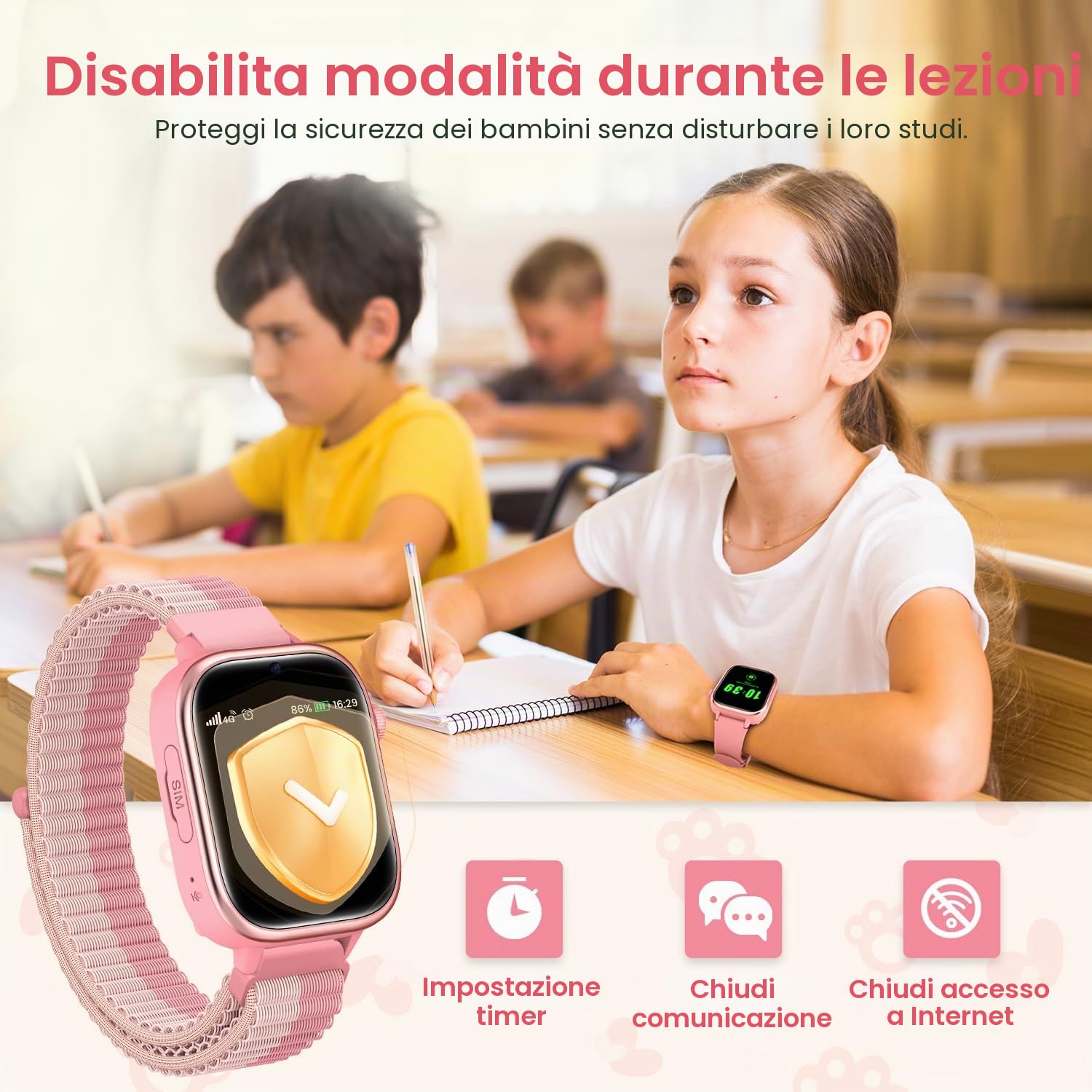 RUXINGX 4G Smartwatch Bambini, IP68 Impermeabile Smartwatch con GPS, SOS, Telefono, HD Videochiamata, Chat Vocale, modalità Lezione, Sveglia, Sonno, Orologio Bambini per Ragazze e Ragazzi, Rosa
