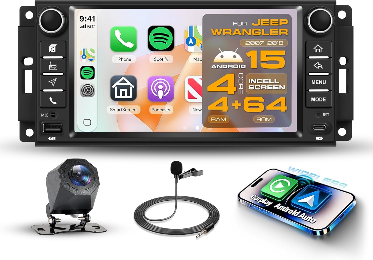 4G+64G Android 15 Car Radio Stereo for Jeep Wrangler 2007-2018 Commander Compass Patriot Dodge Avenger Caliber, 7'' Touchscreen with Wireless CarPlay Android Auto Backup Camera,GPS BT FM RDS Radio