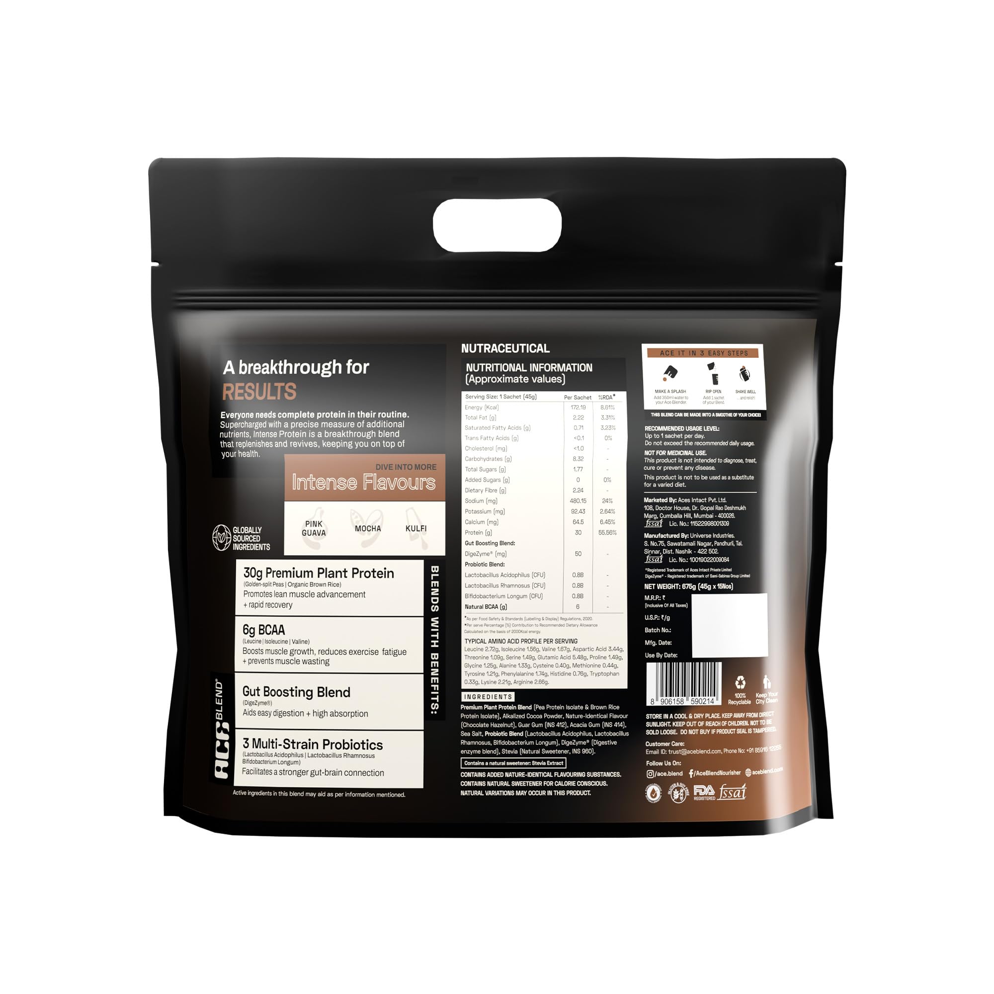 Ace Blend Intense 30g Plant Protein | Supports Muscle Growth & Recovery | Reduces Post-Workout Fatigue | 6g BCAA Amino Profile | Easy to Digest | For Men & Women | Chocolate Hazelnut 15 Servings, 675g
